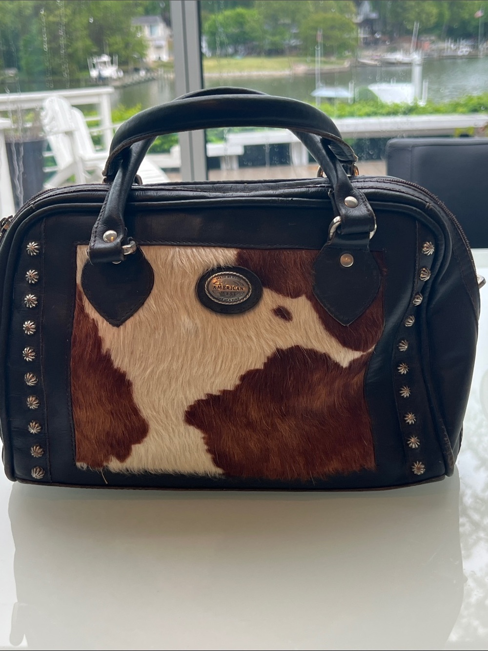 American West Brown & White Haircalf Leather Satchel Stud Accents Made by Hand